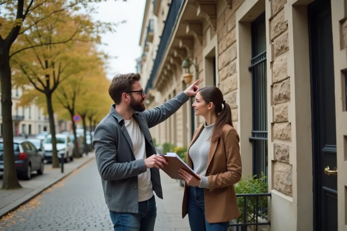 Couple visitant un immeuble résidentiel pour un investissement immobilier à Paris