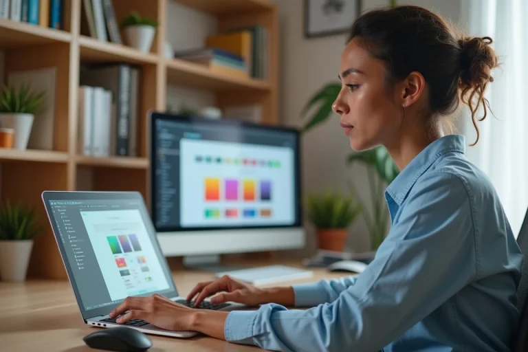 Femme en train de créer un site internet professionnel sur un ordinateur portable dans un bureau moderne