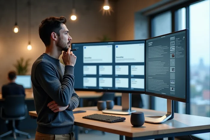 Homme debout devant un écran affichant la structure d'un site web professionnel dans un espace de coworking