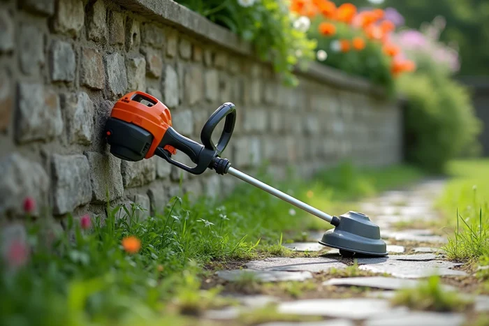 Débroussailleuse électrique posée contre un mur de pierre dans un jardin avec des herbes fraîchement coupées