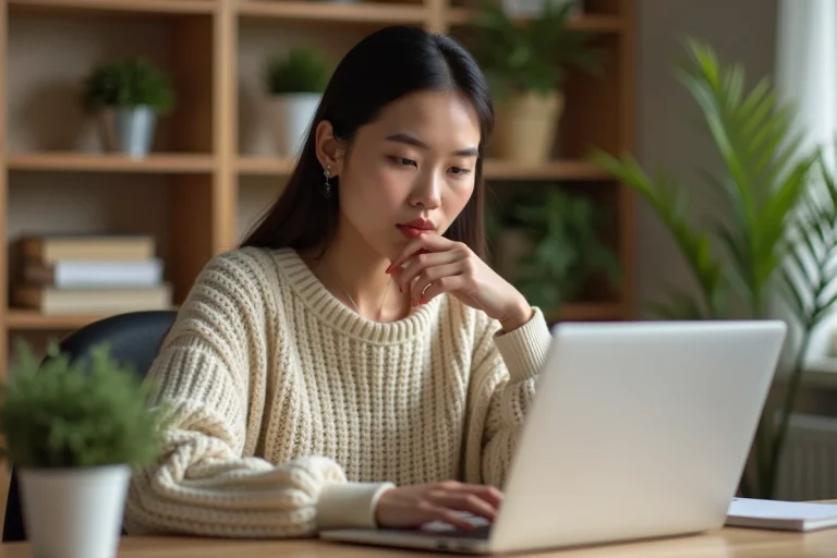 Jeune femme créant son profil débutant sur une plateforme en ligne depuis son bureau à domicile