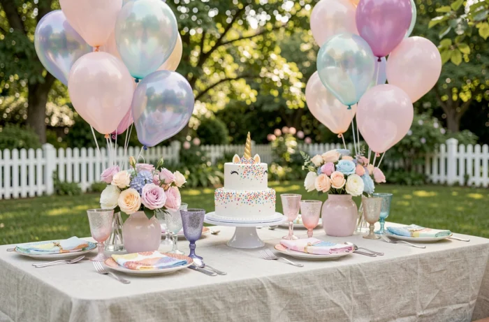 Table de célébration d'anniversaire sur le thème licorne en plein air avec gâteau décoré, ballons irisés et vaisselle scintillante