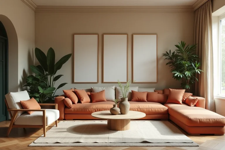 Salon moderne et inspirant avec décoration tendance mêlant textures naturelles, tons chauds et mobilier contemporain