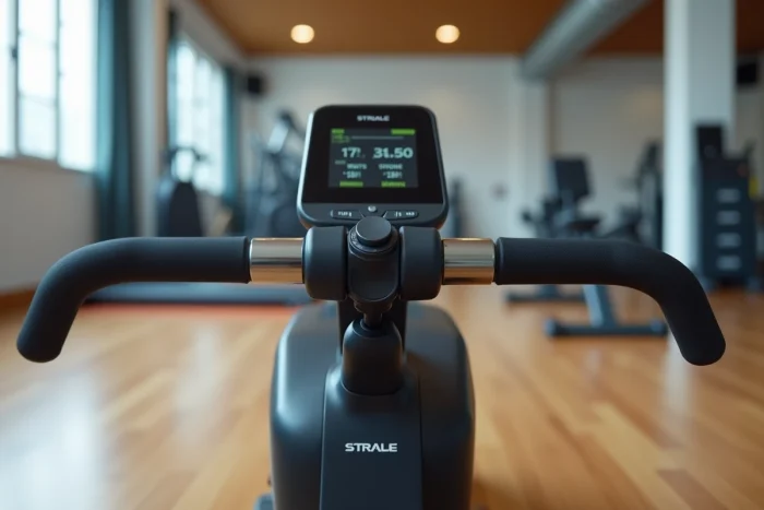 Gros plan sur la console de performance et la poignée ergonomique d'un rameur Striale, détails techniques et qualité de fabrication