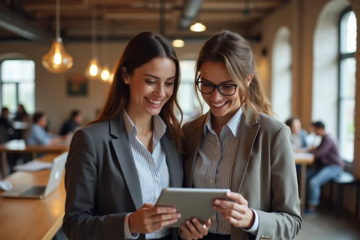 Deux femmes en tenue casual-chic consultant une tablette pour analyser les tendances shopping, dans un espace de coworking moderne avec murs en briques