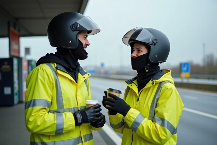 Deux motards portant des cagoules autour du cou lors d'une pause sur une aire d'autoroute