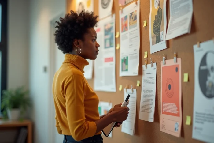 Jeune diplômée en BTS design graphique analysant ses créations affichées sur un mur de critique dans une salle de cours spécialisée