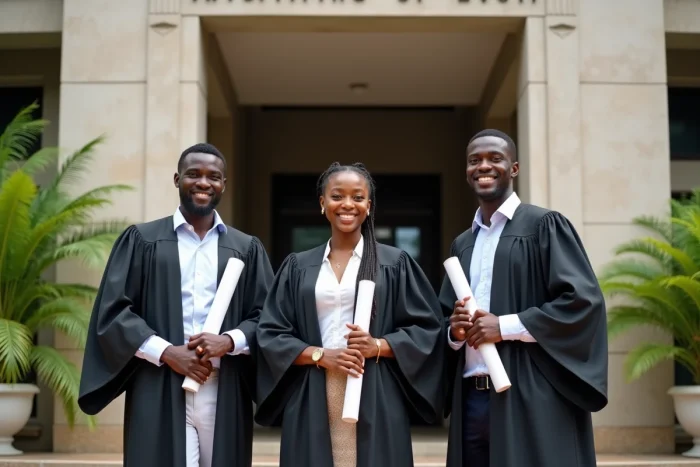 Diplômés en droit béninois en toge devant la faculté de droit, étape vers la profession de notaire