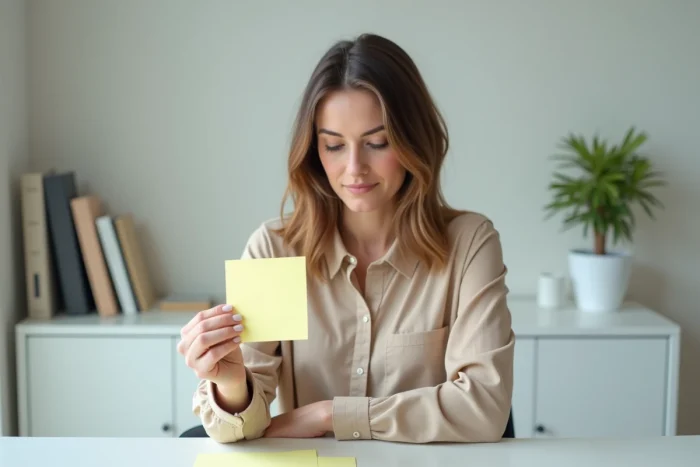 Femme appliquant la dissociation cognitive en observant une pensée intrusive écrite sur un post-it à distance