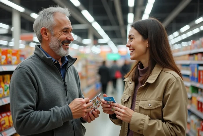 Deux adultes échangeant des vignettes Armor Lux en double devant une caisse de supermarché Intermarché