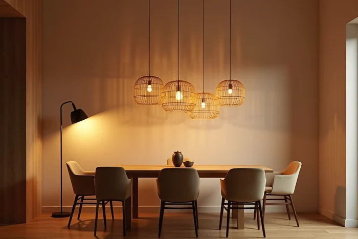 Salle à manger avec éclairage en couches superposées combinant suspensions, spots encastrés et lampadaire