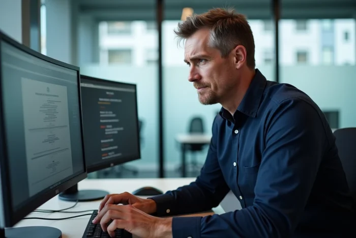 Employé de bureau tentant de résoudre un problème de connexion sur My Arkevia avec deux écrans