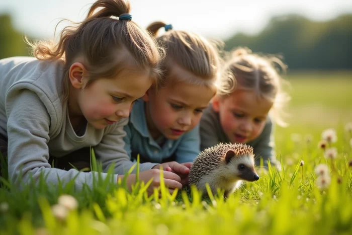 Enfants émerveillés observant un hérisson dans une prairie verdoyante en pleine nature