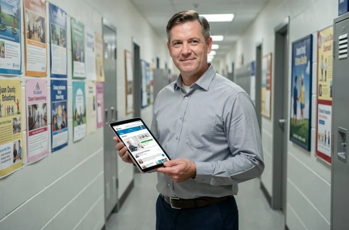 Teacher consulting a job offers site in education on a tablet in a school corridor