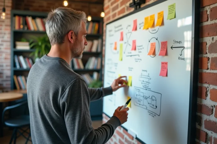 Entrepreneur expliquant une stratégie de croissance digitale devant un tableau blanc dans un studio startup