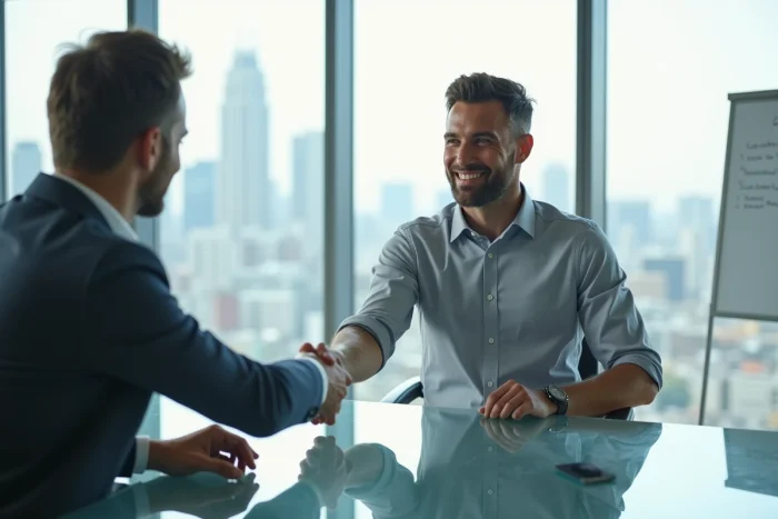 Homme en entretien d'embauche professionnel serrant la main d'un recruteur dans une salle de réunion moderne en 2024