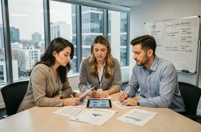 Professional team collaborating on personal data compliance documents in a modern office, illustrating GDPR regulation in business