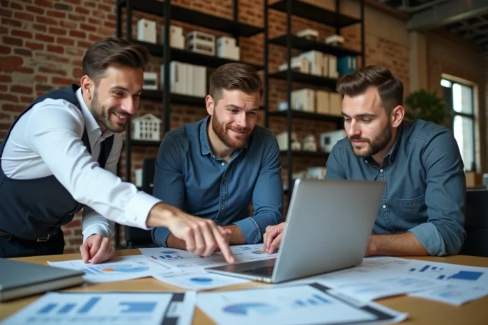 Équipe de professionnels de l'immobilier analysant des rapports financiers dans un espace de travail collaboratif