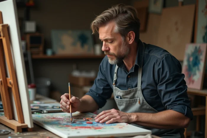 Homme en état de flow absorbé par la peinture dans un atelier créatif pour échapper aux pensées envahissantes