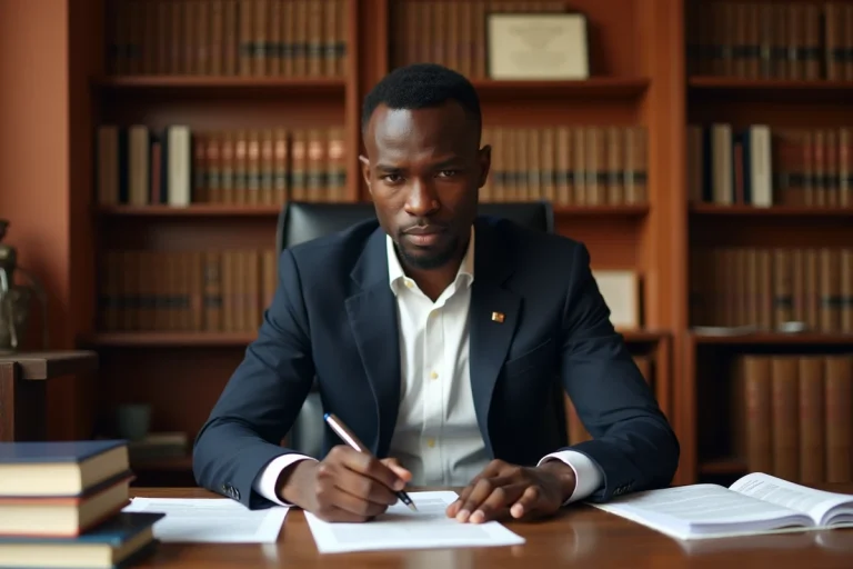Jeune homme béninois en costume étudiant le droit notarial dans un bureau juridique traditionnel à Cotonou