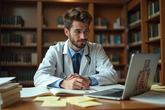 Étudiant en médecine travaillant dans une bibliothèque universitaire entourée de manuels médicaux, représentant les longues années d'études pour devenir médecin en France