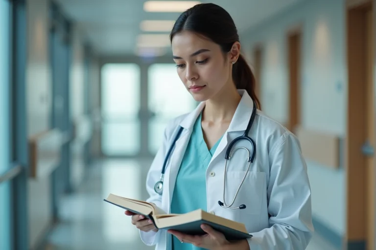 Jeune femme médecin en blouse blanche révisant ses notes dans un couloir d'hôpital, illustrant le parcours pour devenir médecin en France
