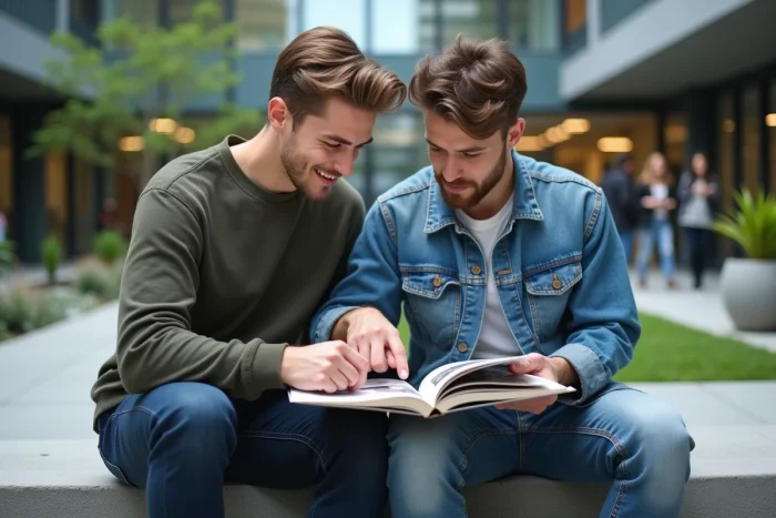 Deux étudiants en design graphique révisant leur portfolio ensemble dans la cour d'une école de design moderne après leur BTS