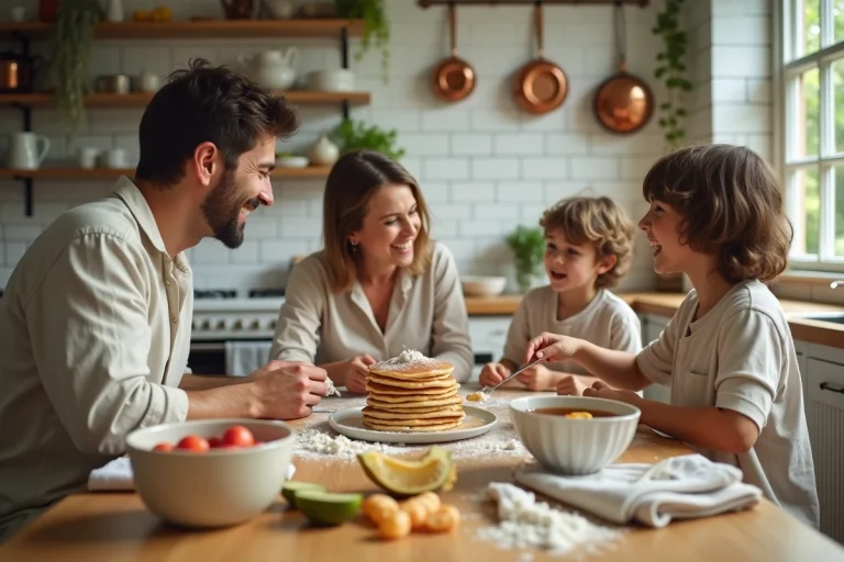 Famille réunie autour de la table du petit-déjeuner en train de préparer des crêpes ensemble dans une cuisine chaleureuse