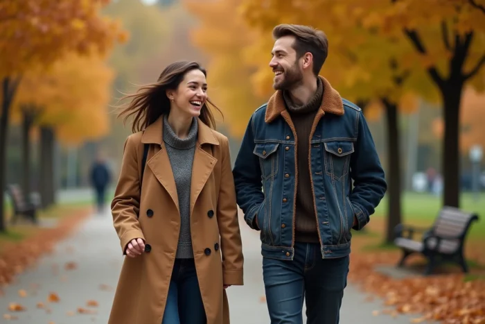 Une femme et un homme marchent et rient ensemble dans un parc en automne, symbolisant une amitié détendue et bienveillante avec un ex-partenaire