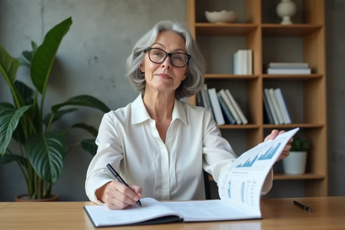 Femme analysant des documents de gestion de patrimoine et d'investissement dans un bureau à domicile épuré