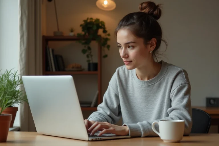 Femme parcourant des sites d'annonces en ligne sur un ordinateur portable dans un bureau à domicile