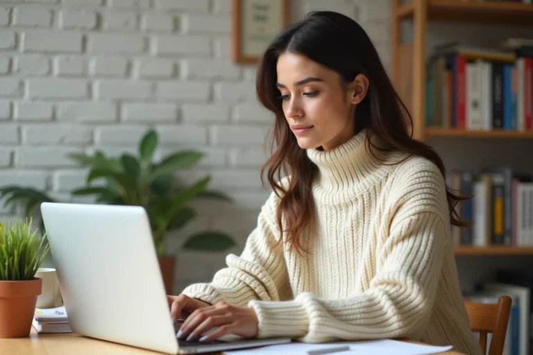 Jeune femme blogueure assise à son bureau en bois, tapant sur son ordinateur portable entouré de notes manuscrites et d'une tasse de café, dans un bureau à domicile chaleureux