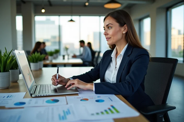 Femme cadre analysant des données de croissance business sur ordinateur portable dans un bureau moderne