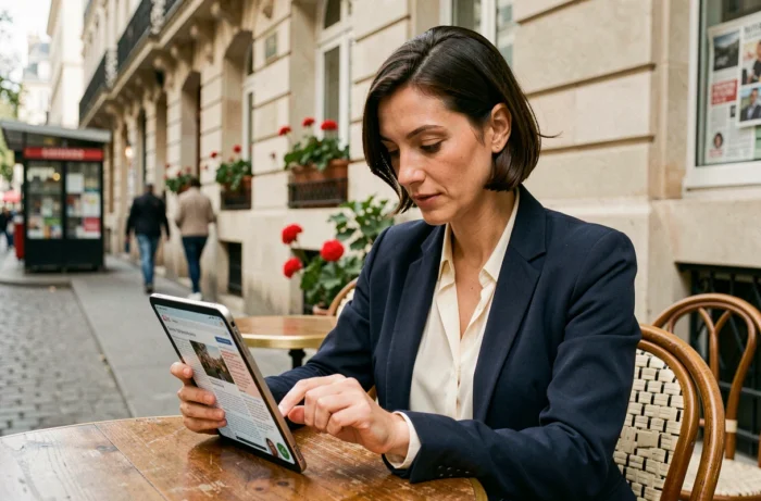 Femme parisienne lisant les actualités françaises sur une tablette dans un café