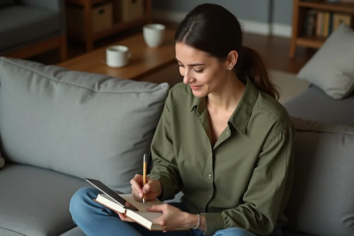 Femme débutante prenant des notes sur les conseils d'utilisation d'une plateforme numérique depuis son salon