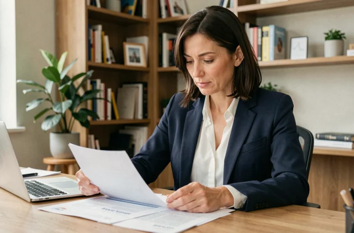 Femme consultant des documents d'assurance à son bureau à domicile, illustrant le choix d'une assurance adaptée