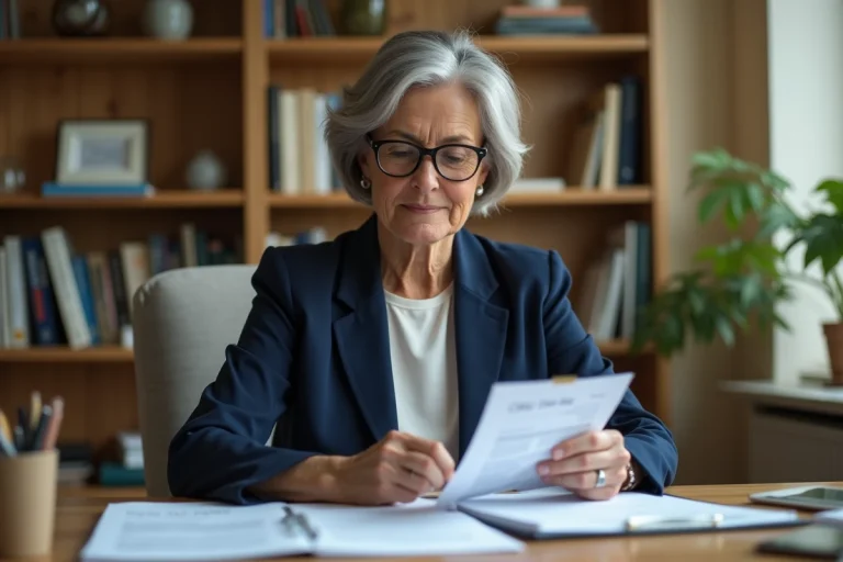 Femme consultant des documents CESU et ses déclarations fiscales dans un bureau à domicile