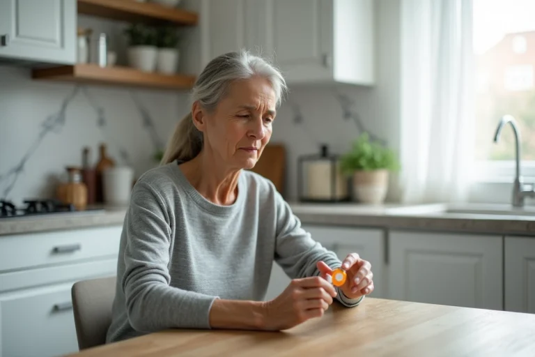 Femme tenant un flacon de médicament sur ordonnance à la table de cuisine, illustrant une préoccupation liée au dosage du Levothyrox