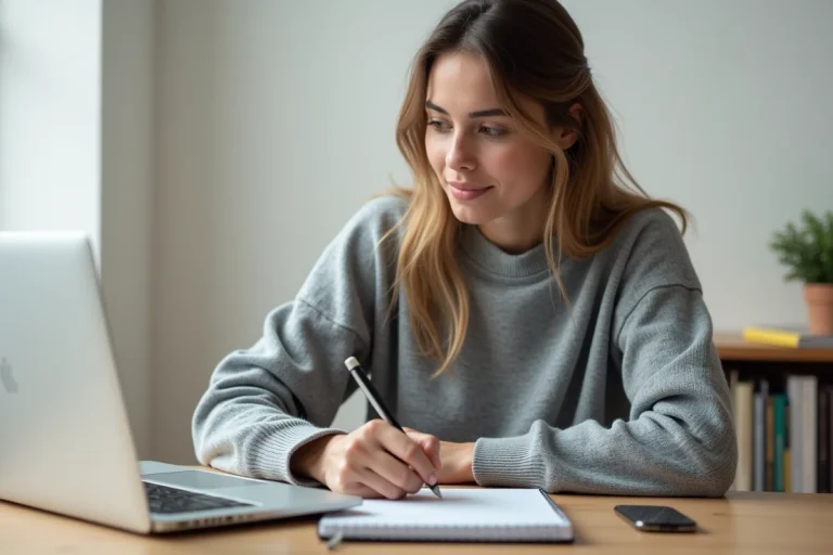 Jeune femme suivant une formation digitale en ligne sur son ordinateur portable dans un bureau à domicile moderne
