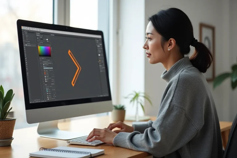 Femme graphiste créant une flèche sur Adobe InDesign sur un iMac dans un studio minimaliste