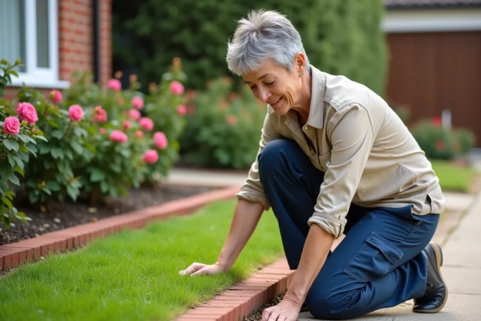 Femme inspectant les bordures de pelouse après utilisation d'un coupe-bordure thermique