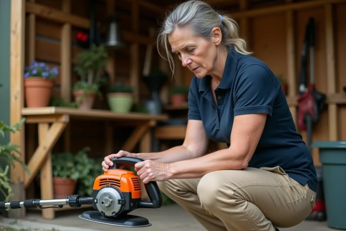 Femme inspectant la tête de coupe d'une débroussailleuse électrique dans un atelier de jardin