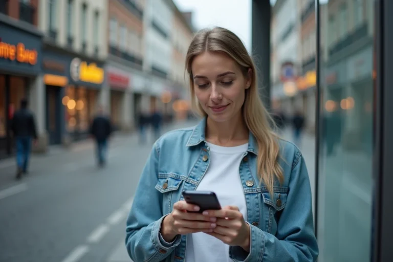Jeune femme consultant l'itinéraire de bus sur l'application Mappy à un arrêt de bus en ville