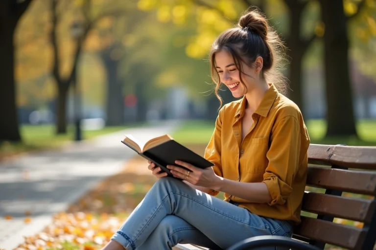 Femme souriante lisant un livre sur un banc de parc en automne, ambiance positive et détendue
