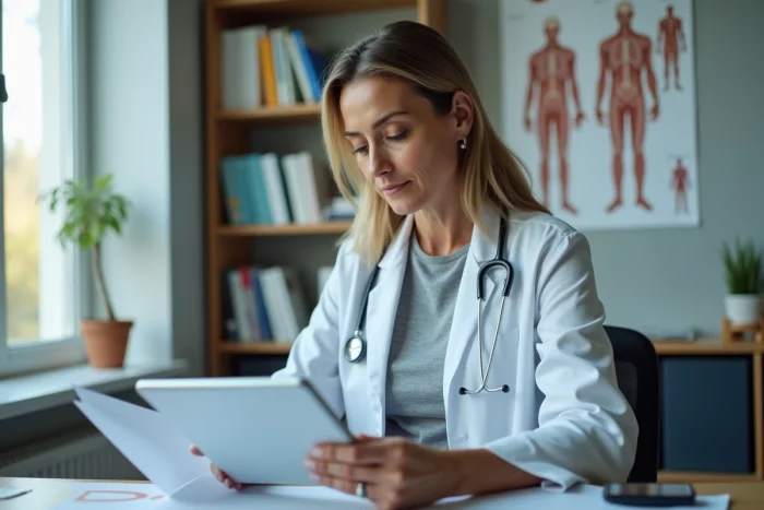 Femme médecin traitant consultant un dossier médical et une tablette numérique dans son bureau, illustrant ses responsabilités de suivi