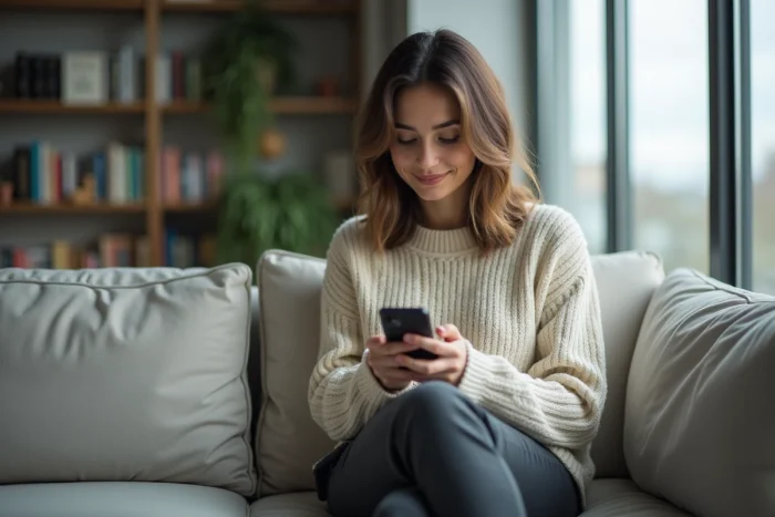 Une femme sourit en lisant un message sur son téléphone dans son appartement, évoquant le maintien d'un lien amical et respectueux avec un ex-petit ami