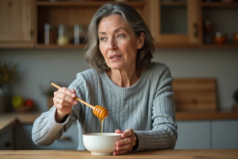Femme versant du miel avec parcimonie dans un bol, illustrant la consommation modérée de miel dans un régime alimentaire contrôlé