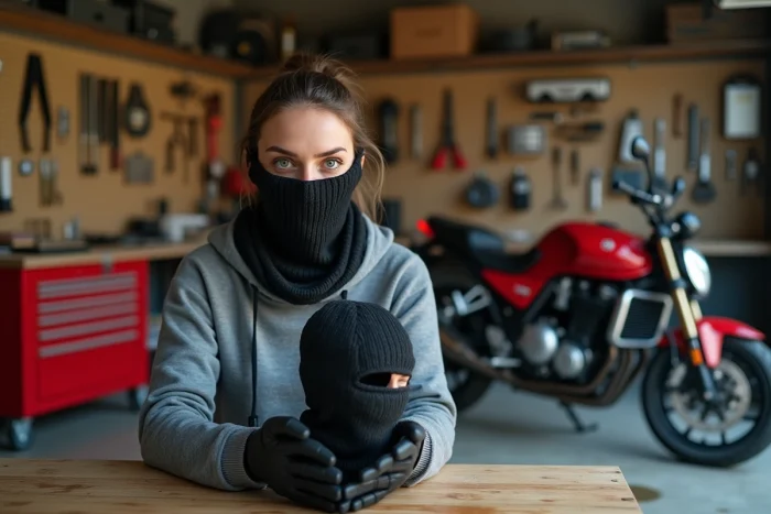 Femme motarde inspectant une cagoule moto en tricot dans un garage domestique