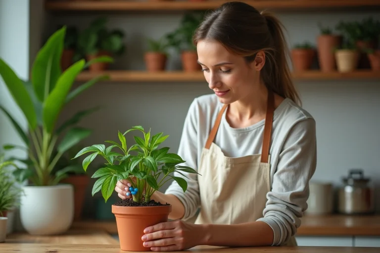 Femme versant des perles d'eau en gel dans un pot de plante d'intérieur sur un plan de travail en bois