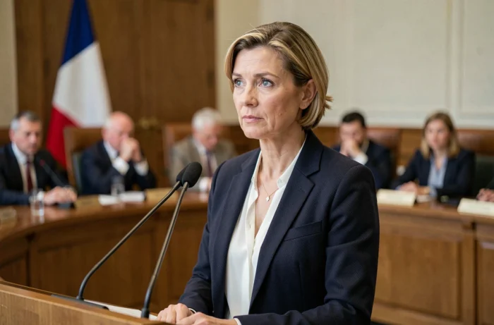 Femme politique française en veste marine prenant la parole dans une salle institutionnelle lors d'une conférence